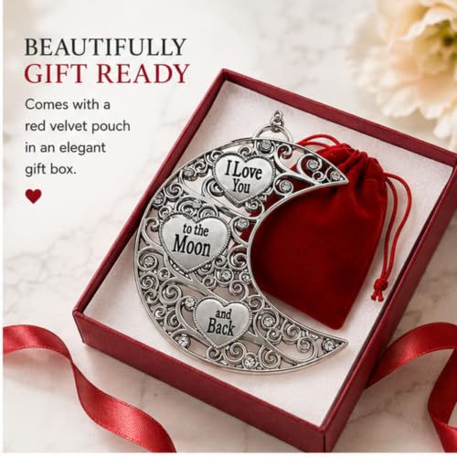 I Love You to the Moon and Back Ornament Set of 2, Filigree Moon Hearts with Crystals – Red Gift Bags Included (BANBERRY DESIGNS)