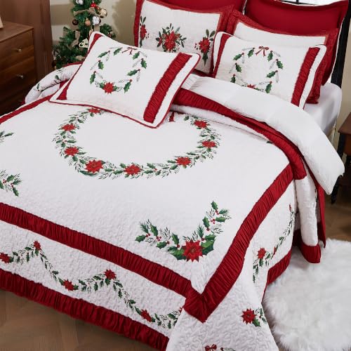 EVENHUG Christmas Quilt Set King Size 3 Pieces with Pillow Shams – Red B Floral Lightweight Bedspread