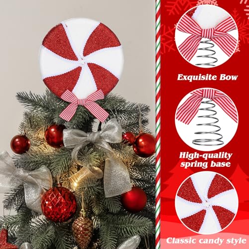 Arrowbash 10in Christmas Candy Tree Topper Peppermint Swirl with Red & White Bow