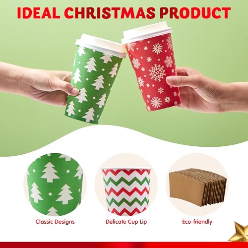 JOYIN Classic 72-Pack Christmas Disposable Paper Cups 16 oz with Lids & Sleeves