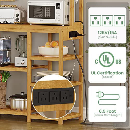 FORABAMB 31.5''W Bamboo Bakers Rack with Power Outlets, 8-Tier Kitchen Storage Shelf