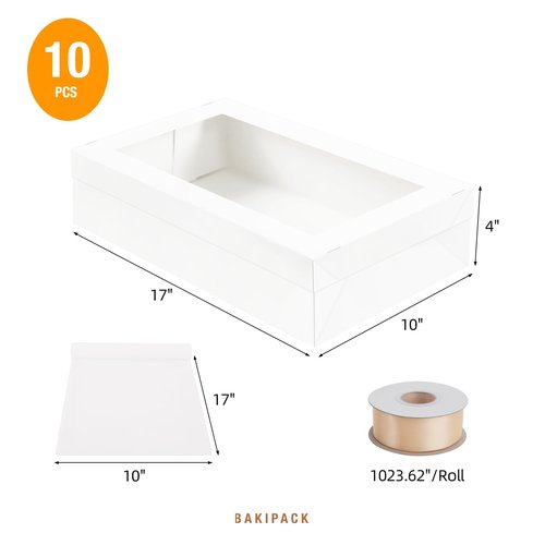 BAKIPACK 10 White Catering Boxes, 17x10x4 inches Bakery Boxes with Window, To Go Paper Food Containers Disposable for Charcuterie, Sandwiches