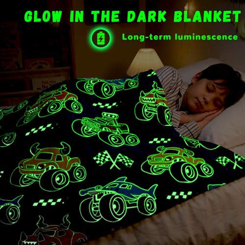Glow in the Dark Truck Blanket for Kids, Soft Fleece Throw 40x60 Inches