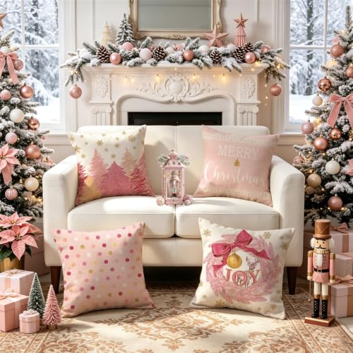 MODOVOS 18x18 Inch Pink Christmas Tree Wreath Pillow Covers Set of 4