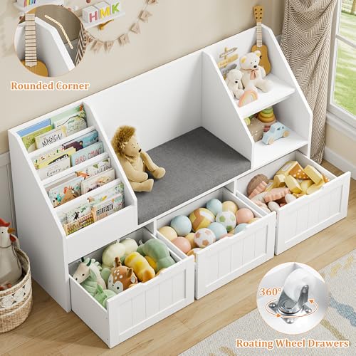 Kids Bookshelf and Toy Storage Organizer with Reading Nook and 3 Drawers