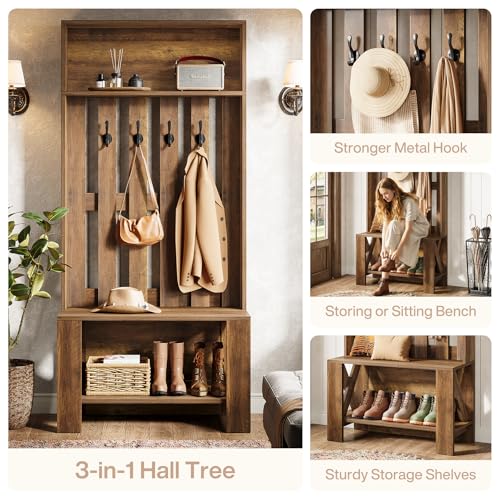 Rustic Hall Tree with Shoe Bench and Coat Hooks, 71-inch Entryway Organizer