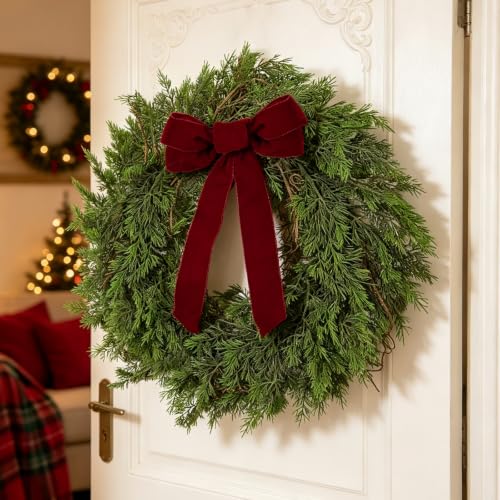 DN Deconation 22in Christmas Wreath with Green Foliage & Burgundy Velvet Bow — Front Door