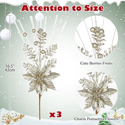 Oairse Champagne Artificial Poinsettia Flowers Picks 3 Pack Christmas Decor