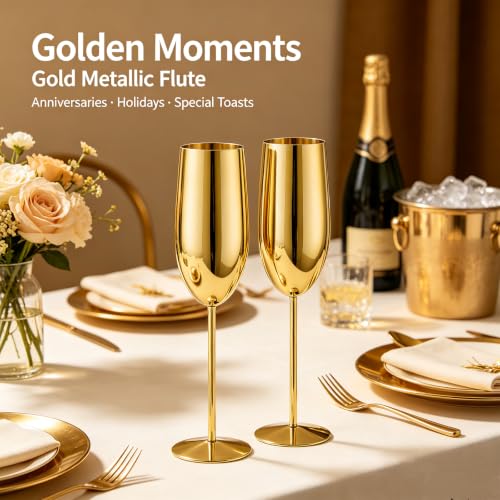 UNISWEET Gold Stainless Steel Champagne Flutes Set of 2 - Unbreakable, Long Stem, 8.5 oz Wedding & Party Toasting Glasses