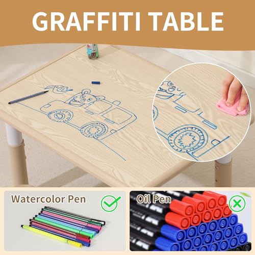 Hulaibit Toddler Table & Chairs Set with Graffiti Desktop - Height-Adjustable Kids Study Furniture, Burlywood Wood Grain