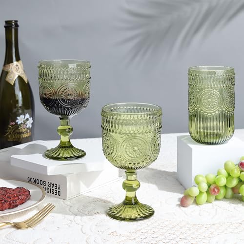 Vintage Sunflower Embossed Wine Goblets - 12 oz Green Stemmed Glassware (Set of 4)