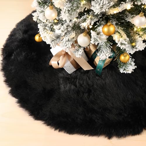 28 Inch Black Faux Fur Christmas Tree Skirt with Anti-Slip Backing
