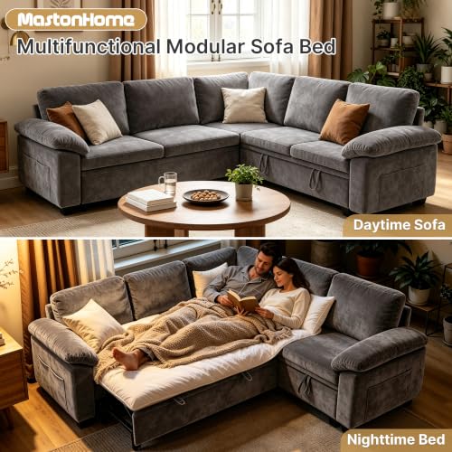5-Seat Modular Sectional Sleeper Sofa with Pull-Out Bed and Storage, Grey