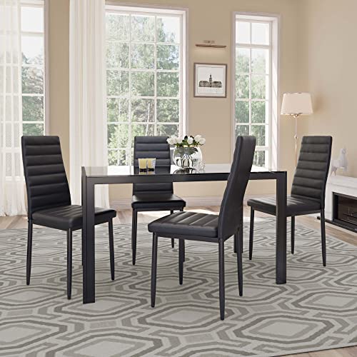 5-Piece Modern Dining Set with Glass Table and 4 Cushioned PU Leather Chairs