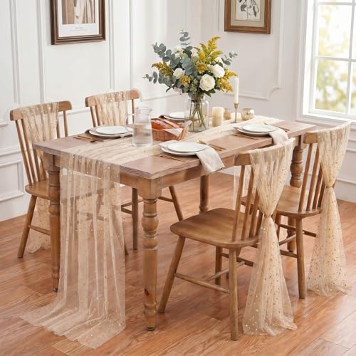 Beige Gold Gauze Table Runner 10ft with Metallic Foil Sparkle – 3pcs, 29x120