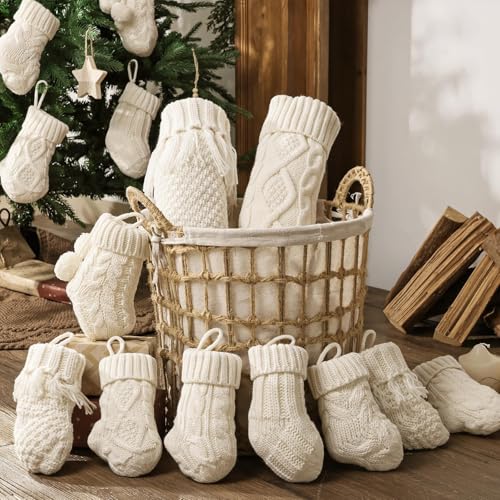 Pawliss 7 Inch Cream White Farmhouse Knitted Christmas Stockings - 12 Pack