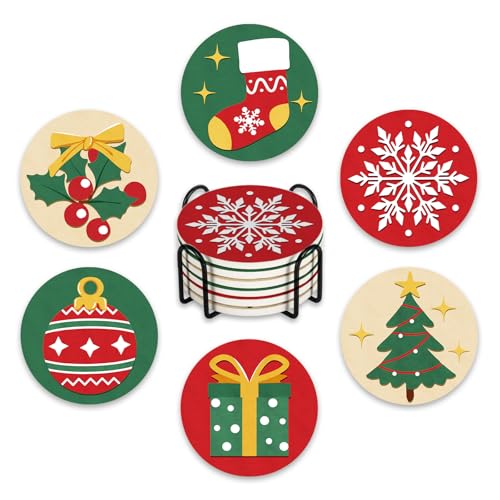 Christmas Socks Drink Coasters Set of 6 with Holder - Holiday Table Decor