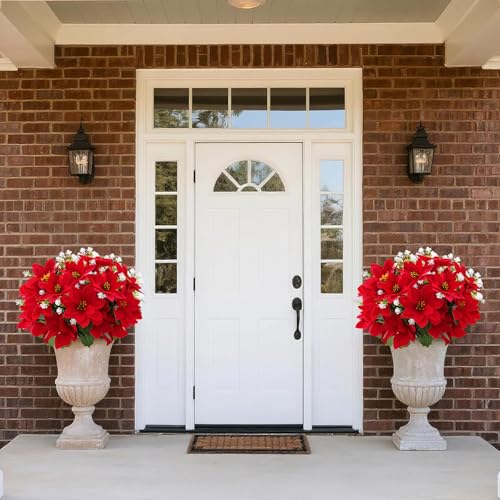 ZYZEV 14'' Artificial Poinsettias and Eucalyptus 12 Bunches Red - UV-Resistant Outdoor