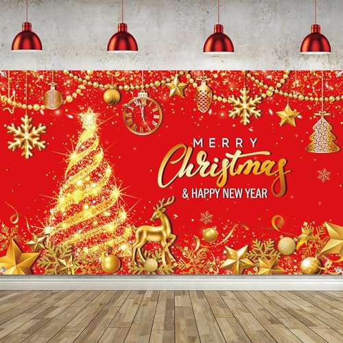 Tiamon Merry Christmas Backdrop 72.8 x 43.3 in Red Gold with White Rope