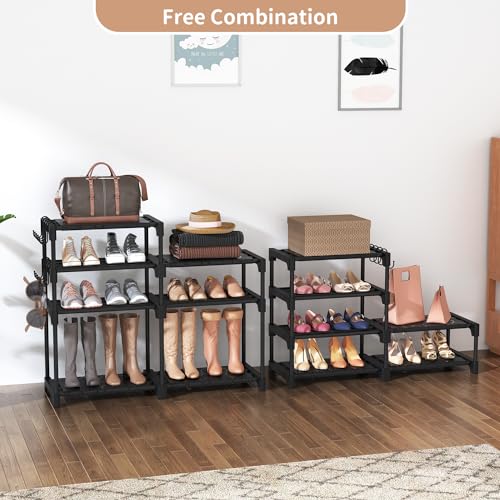 8-Tier Metal Shoe Rack Organizer, Stackable Storage Shelf with 15 Hooks