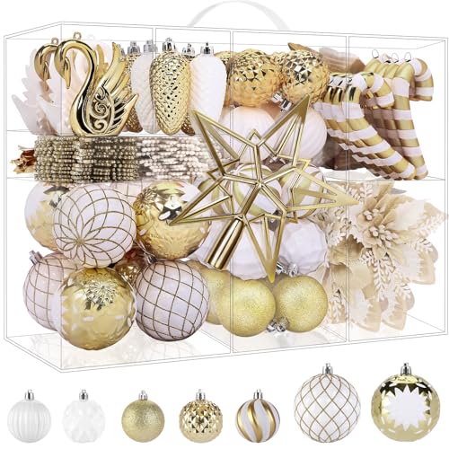 Alupssuc 128pcs Christmas Ornaments Set - White & Gold Holiday Decorations