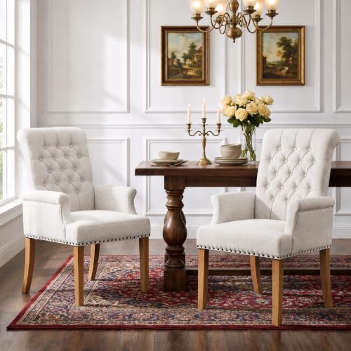 Upholstered Dining Chair with Arms, Tufted High Back Accent Armchair