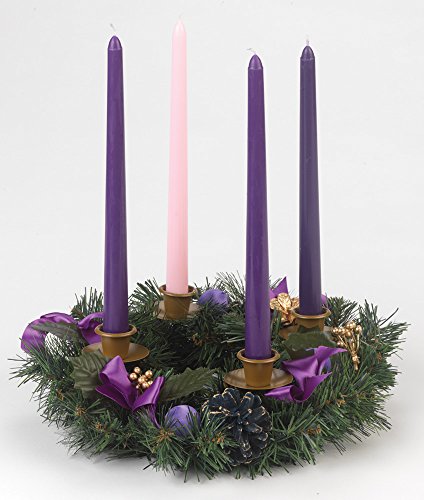 11-Inch Traditional Advent Wreath Candle Holder with Purple Ribbons