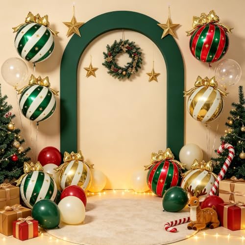 Christmas Bauble Balloon Set 6Pk – Red Green White & Gold Striped 28x31" Aluminum Foil Decor