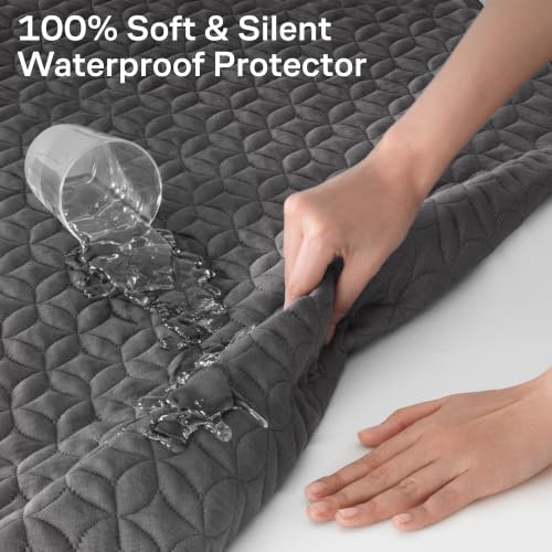 Queen Bamboo Cooling Mattress Protector - Gray, 100% Waterproof Deep Pocket