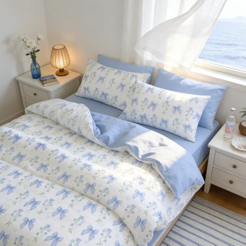 Full Size Cotton Duvet Cover Set - Blue Floral Bowknot Bedding