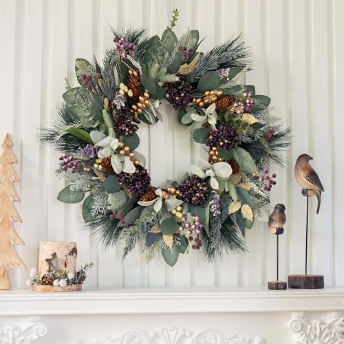 Artificial Winter Wreath for Front Door 22-Inch Rustic Evergreen Decor