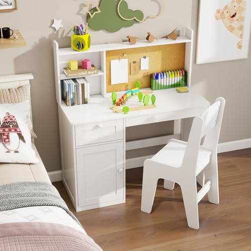 Kids Study Desk and Chair Set with Storage Hutch for Ages 5-12