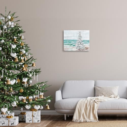 Snowy Christmas Tree Beach Canvas Wall Art - 16 x 20 in, Stretched Gallery Wrap