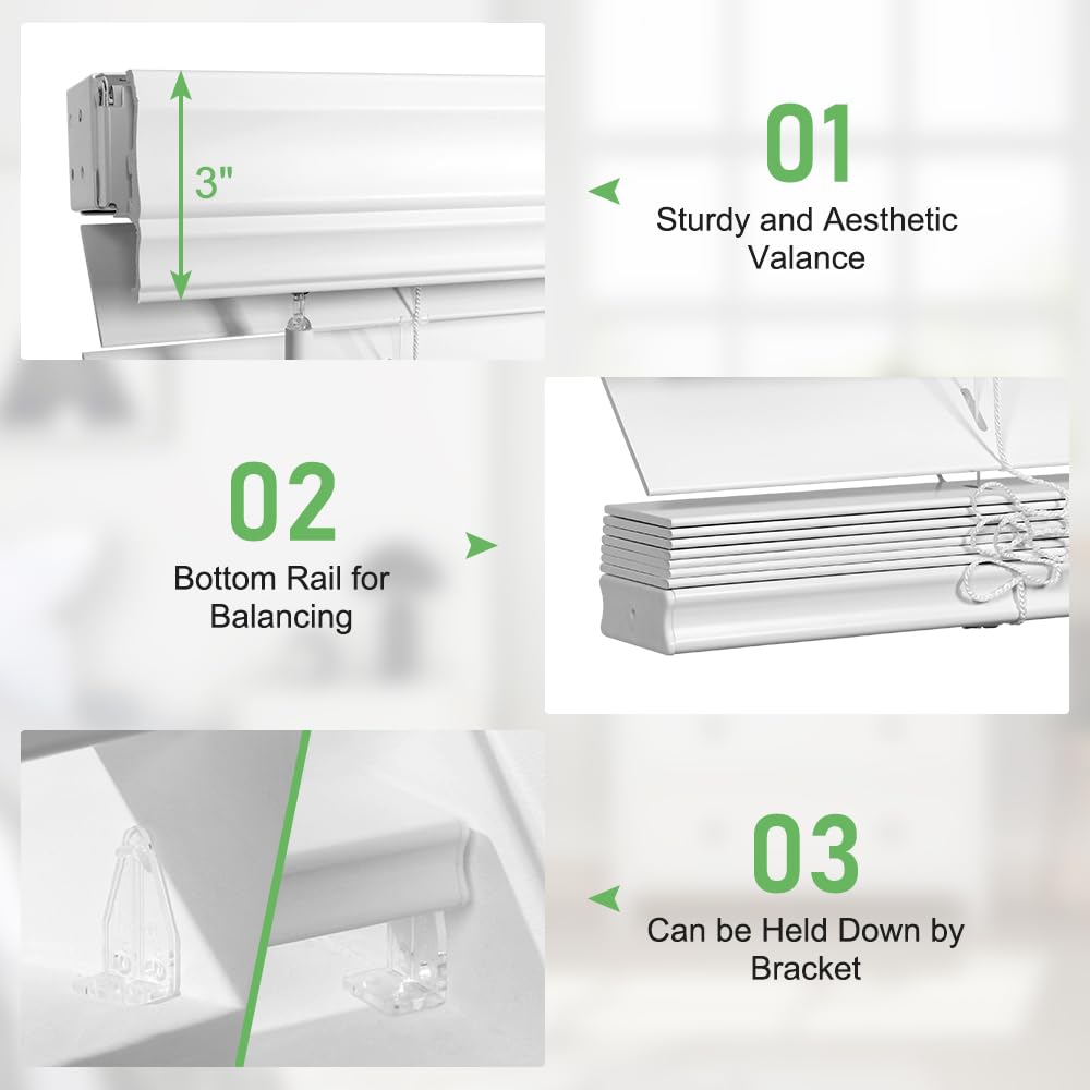 SEEYE 2 Inch Faux Wood Blinds for Indoor Windows with Crown Valance, Cordless Room Darkening Window Blind, 26" W x 60" H, Horizontal Wooden Shades for Bedroom, Kitchen, Office, Doors, White