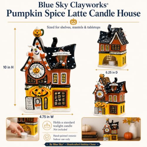 Blue Sky Clayworks Pumpkin Spice Latte Candle House - Ceramic Coffee Shop Decor, 6.25"