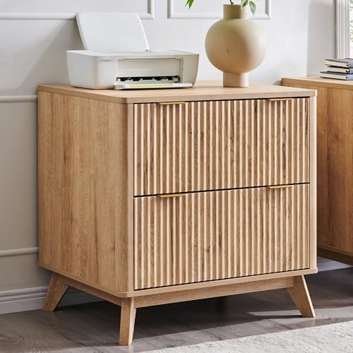 31.8-Inch Fluted 2-Drawer Lateral File Cabinet, Natural Oak Wood Office Storage