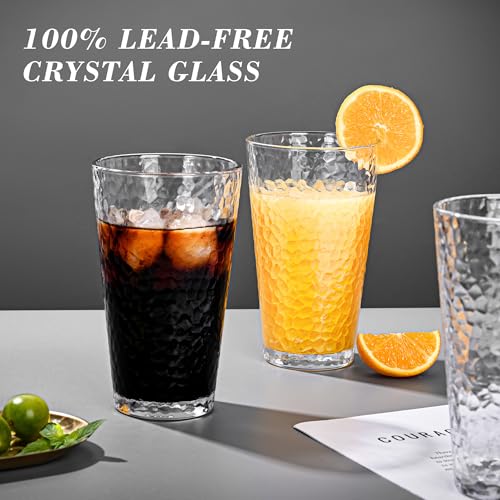 Hammered Highball Drinking Glasses Set of 8, 16oz Clear Glass Cups