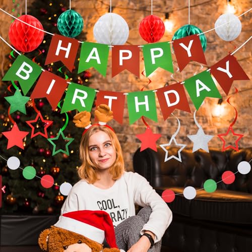 Christmas Birthday Party Decorations 34-Piece Set: Banner, Honeycomb Balls, Swirl Stars & Garlands