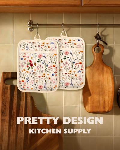 Silicone and Cotton Pot Holders with Pockets - Heat Resistant Hot Pads, 2 Pack