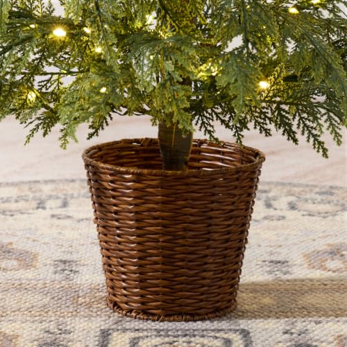 Ferrgoal 3ft Prelit Small Christmas Tree with Warm White LED Lights, Rustic Woven Basket Base, Green