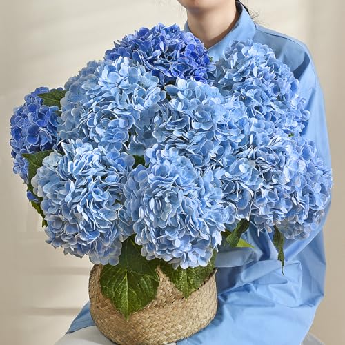 Real Touch Artificial Hydrangea Flowers 21" Large Stems, 3-Pack (Blue)
