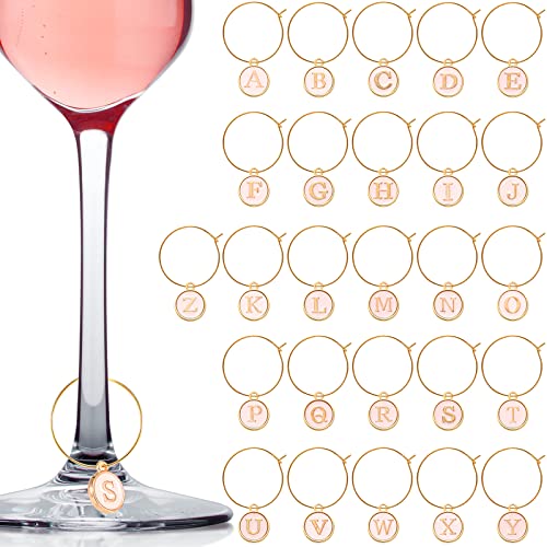 Hicarer 26 Pcs Pink Wine Charms with Letter Rings for Stem Glasses
