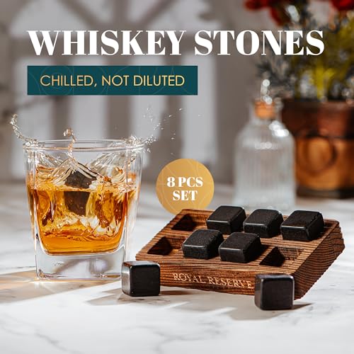 Royal Reserve Whiskey Stones Gift Set with Brown Wooden Tray – 8 Granite Chilling Rocks for Spirits