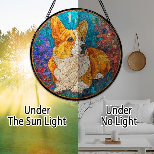 Corgi Flower Stained Glass Suncatcher - 7.9 Inch Window Decor