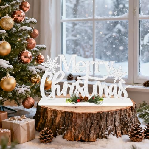 Wooden Merry Christmas Table Sign, White Glitter Snowflake Farmhouse Decor (M) 11.81 x 5.91 in
