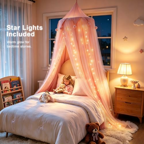 Princess Bed Canopy with Star Lights - Breathable Double Layer Drape for Girls