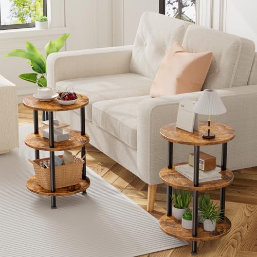 3-Tier Round Side Table, Compact Rustic Accent Table for Small Spaces