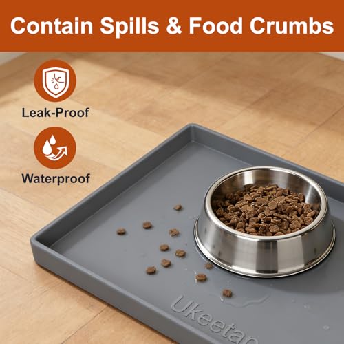 Waterproof Silicone Pet Feeding Mat with Raised Edges, 19" x 12" (Gray)