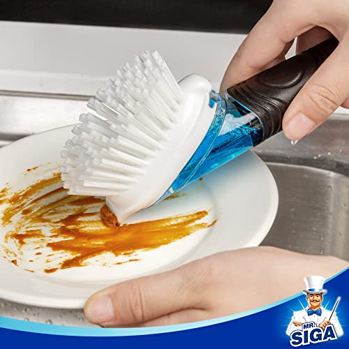 Soap Dispensing Dish Brush with Scraper for Kitchen Pot & Pan Cleaning