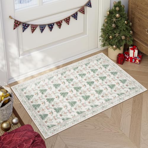 Lahome 2x3 Christmas Entryway Rug Beige Washable Non-Slip Holiday Decor